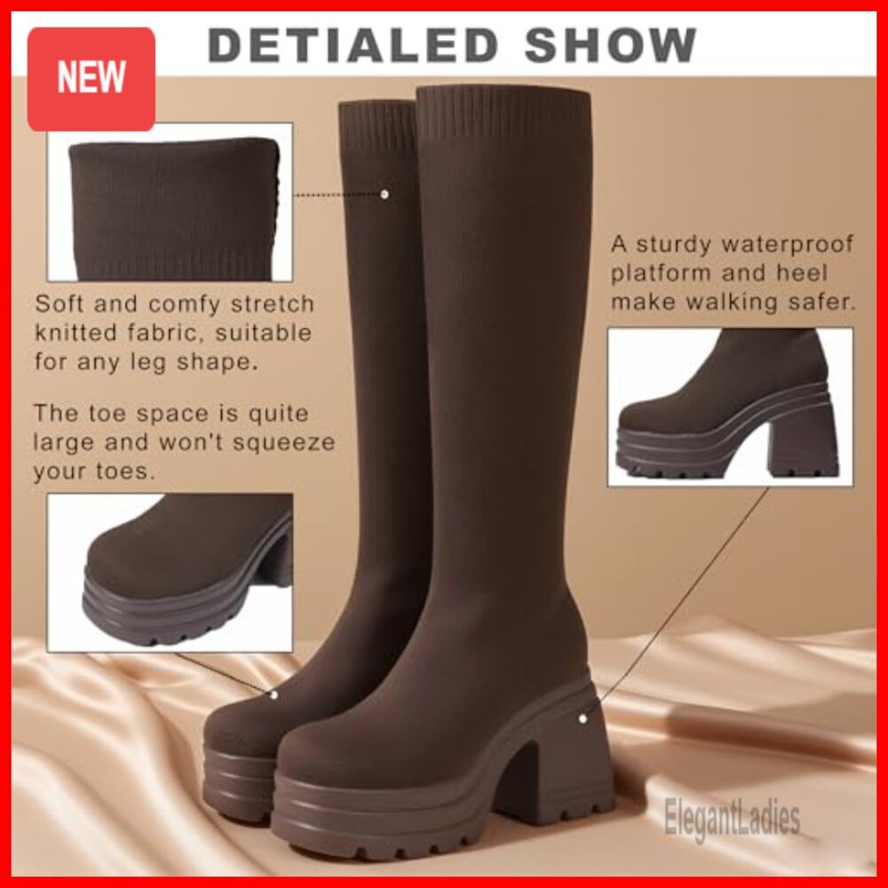 Knee High Boots Wide Calf Stretch Knit Platform Heel Square Toe Fall - Picture 6 of 7